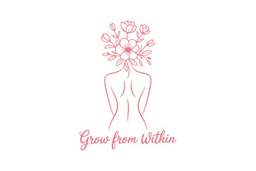 Grow from within, A minimalist line art illustration of a woman with flowers for hair SVG Design