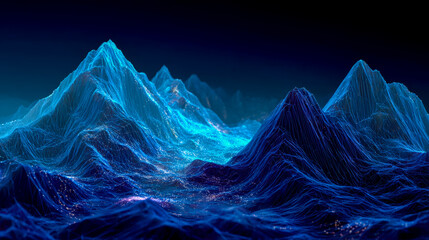 Futuristic digital mountain landscape with glowing blue peaks and grid lines