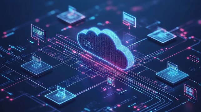 Data replication and mirroring diagram showing sync processes between hybrid cloud environments for redundancy and disaster recovery in tech visual