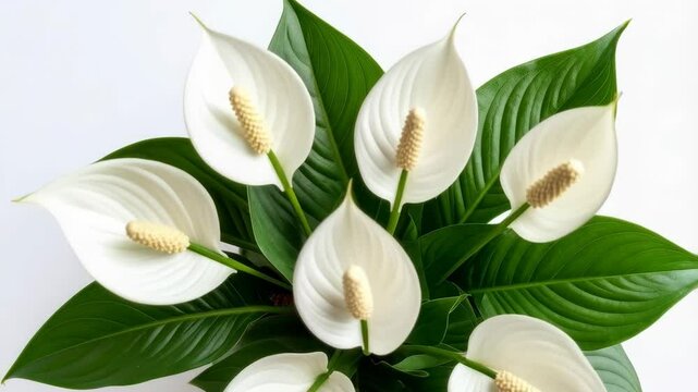Overhead shot of a Peace Lily plant, featuring elegant white flowers and lush dark green foliage, isolated against a white backdrop.