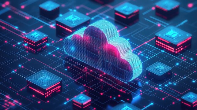 Data replication and mirroring diagram showing sync processes between hybrid cloud environments for redundancy and disaster recovery in tech visual