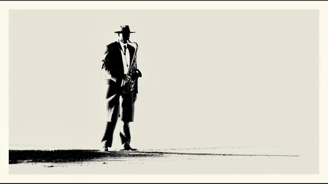 Minimalist Silhouette of Street Musician Playing Saxophone &ndash; Abstract Ink Cartoon Animation Drawing on Neutral Beige Background
