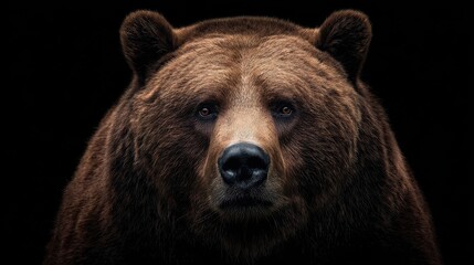 Fototapeta premium A close-up portrait of a brown bear against a black background, looking directly at the camera.