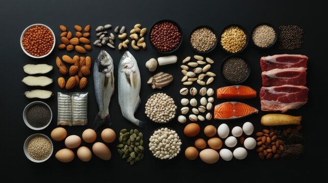 Assorted foods arranged on a dark surface