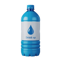 Plastic water bottle with clean drinking water drop logo for hydration and refreshment indoors
