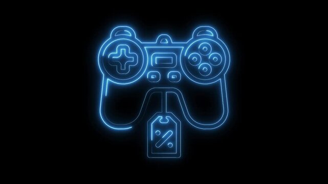 Glowing game controller with discount tag animated on black background for sales promotion