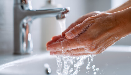 Person washing hands with soap under running water