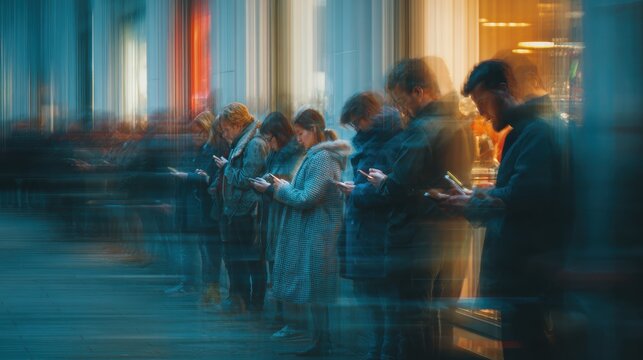 a long exposure photograph of multiple people looking at their smartphones, motion blur