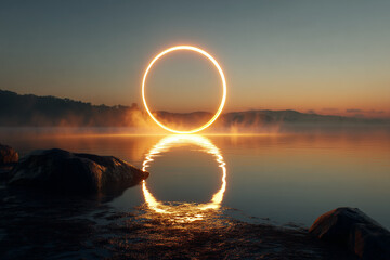 A glowing portal hovering over a calm lake at sunrise
