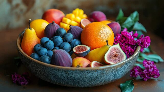 Assorted fresh fruits in rustic bowl with vibrant flowers &mdash; colorful cinematic video for health ads, summer recipes, and organic lifestyle content with copy space on the left