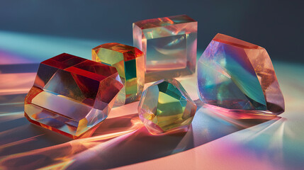 Layered glass polygons casting colorful refractions 
