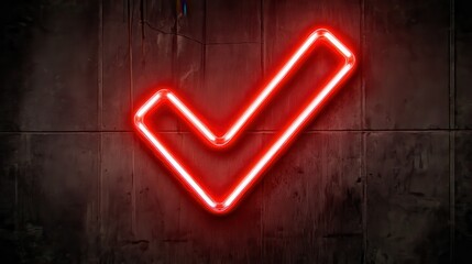 Red neon sign with a check mark.