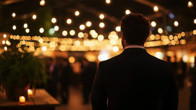 Rear view of man in formal suit standing under glowing string lights at night &mdash; warm cinematic video for romantic scenes, event visuals, or lifestyle branding with copy space on the left