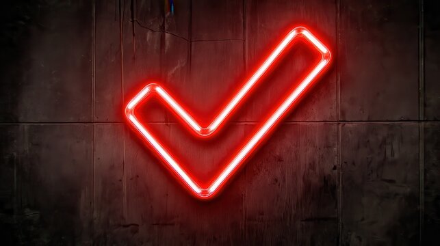Red neon sign with a check mark.