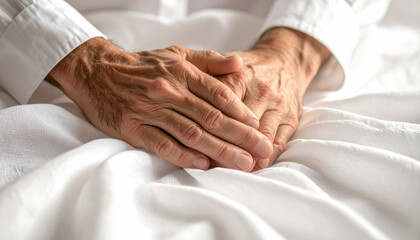 Close-Up of Human Hands Resting on Soft White Fabric Surface