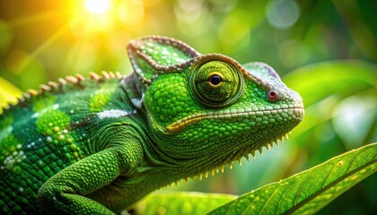 Obraz premium Close-Up of Vibrant Green Lizard Among Lush Tropical Foliage