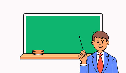 Cartoon hand drawn a male teacher in a blue suit and red tie standing in front of a green chalkboard, holding a pointer for educational, school, and training content in presentations