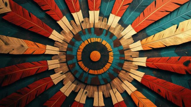 A colorful feather pattern with a circle in the center. The circle is surrounded by feathers in various colors