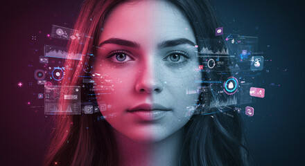 Woman's Face Split with Futuristic Tech Interface and Data Visualization
