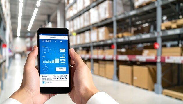 Hands holding smartphone with inventory data; warehouse background