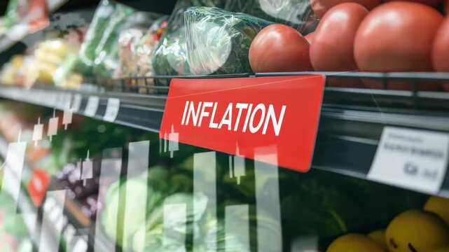 Grocery shelf with fresh vegetables and tomatoes labeled &ldquo;INFLATION&rdquo; &mdash; conceptual cinematic video with stock market graphics overlay and copy space on the left for finance and economic content