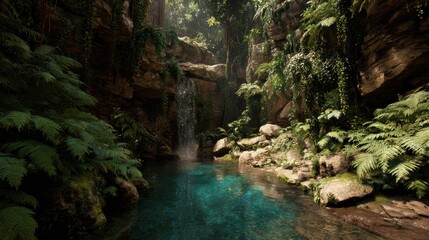 Lush canyon oasis with ferns, vines, and hidden waterfall