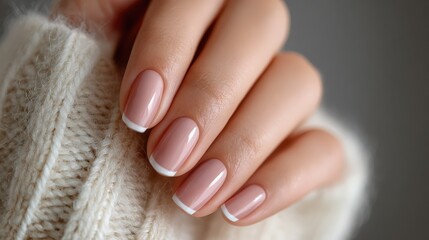 Close up of a woman's hand showing elegant gel manicure with French tips, demonstrating professional nail care and highlighting beauty treatments for well-groomed nails.