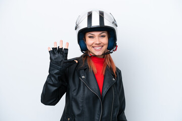 Young Russian girl with a motorcycle helmet isolated on white background counting five with fingers