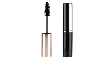Obraz premium Mascara tube with wand applicator, featuring detailed brush bristles and sleek cosmetic packaging. perfect for beauty product 