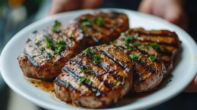 Grilled Pork Loin steaks in a white plate