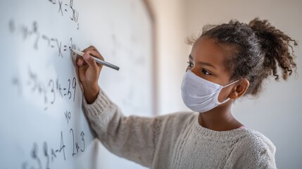 Portrait of african girl wearing face mask and writing solution of sums on white board at school. Black schoolgirl solving addition sum on white board during Covid-19 pandemic. School child thinking.