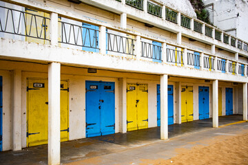 Row of seaside beach huts in Broadstairs, Kent, UK