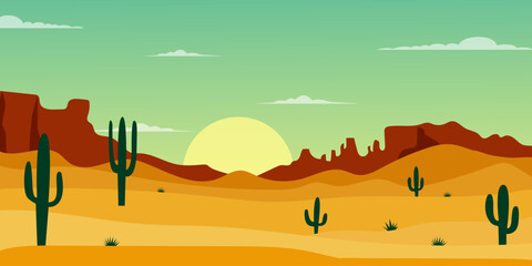 Fototapeta premium Breathtaking sunset over a desert landscape with cacti and distant mountains in a serene atmosphere