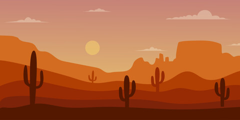 Fototapeta premium Majestic desert sunset overlooking mountains and cacti in a breathtaking landscape