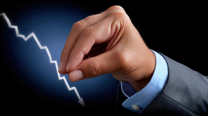 Hand in suit pinches downward trending graph line, symbolizing financial decline or economic downturn