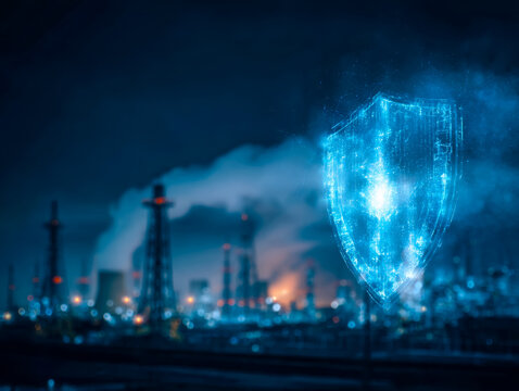 Digital security concept illustrating protection against industrial pollution and cyber threats