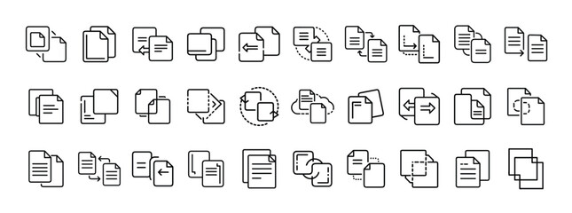 Document and file line icon set. Vector pictograms of copy, paste, transfer, folder, archive, attachment, upload, download, and paper files thin linear illustration.