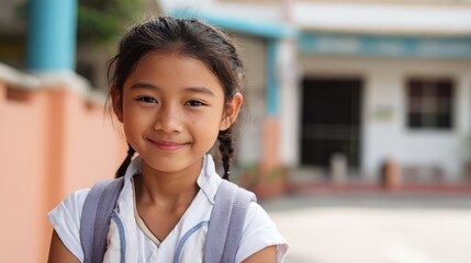 Smiling student girl wearing school backpack and holding exercise book. Portrait of happy asian young girl outside the primary school. Closeup face of smiling hispanic schoolgirl looking at camera., 