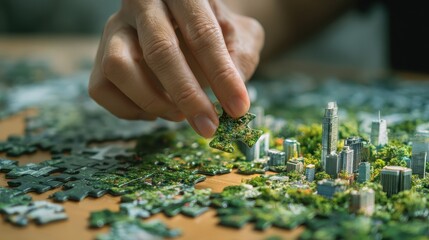 Hand carefully connects jigsaw puzzle pieces, featuring elements of a green cityscape, symbolizing the collaborative effort in building sustainable urban, Generative AI