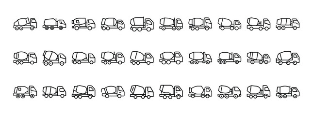 Construction vehicle line icon set. Vector pictograms of bulldozer, loader, grader, paver, roller, lowboy hauler, utility, concrete mixer, thin linear illustration.