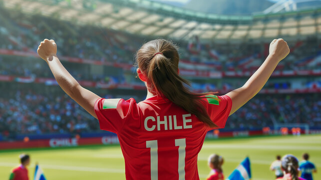 Chile woman football soccer fans in a stadium supporting the national team
