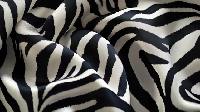 A zebra print fabric is shown in black and white. The fabric is rolled up and has a zigzag pattern