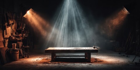 Workshop table under spotlight with moody lighting