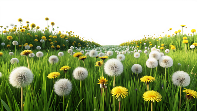 grass meadow with dandelions isolated on white background, png, ai gnerated.