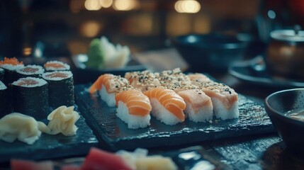 Japanese sushi with fish and cheese on a rustic dark background. Sushi rolls, nigiri, maki, pickled ginger, wasabi, soy sauce. Sushi set on a table.