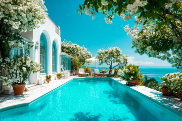 Fototapeta premium Luxurious seaside villa with infinity pool and lush flowering trees overlooking the ocean