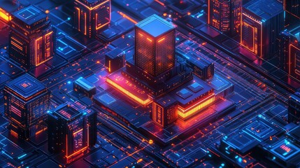Containerized architecture diagram showing layered nodes, microservices blocks, and orchestration interfaces in a futuristic software environment layout