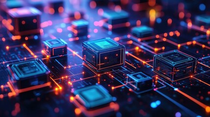 Containerized architecture diagram showing layered nodes, microservices blocks, and orchestration interfaces in a futuristic software environment layout