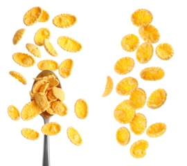 Falling Golden Cornflakes Isolated On Transparent Background With Metallic Spoon in Studio Shot Showing Breakfast Foods and Diet
