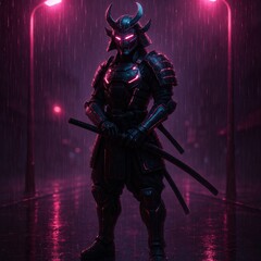 Fototapeta premium Neon Samurai in Rain – Futuristic Warrior Standing Under Pink Streetlights
